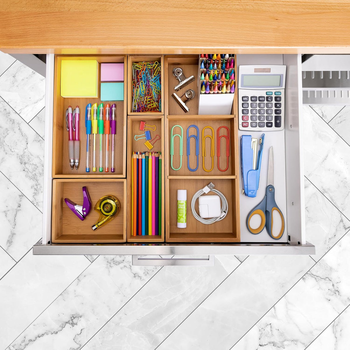 Seville Classics Bamboo Premium Organizer Storage Bins for Kitchen Silverware, Pantry, Closet, Office Desk, Pens, Utensils, Makeup, K Cup, Bamboo, Bag Holder Bin Set