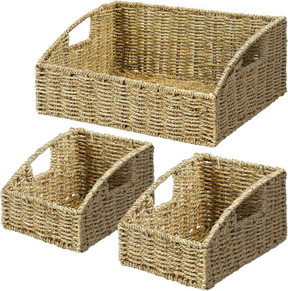 Rattan Storage Baskets, Handwoven Wicker Storage Bins with Built-in Handles, Storage Container Baskets for Shelves, Bedroom, Bathroom, Laundry Room or Kitchen(Natural)