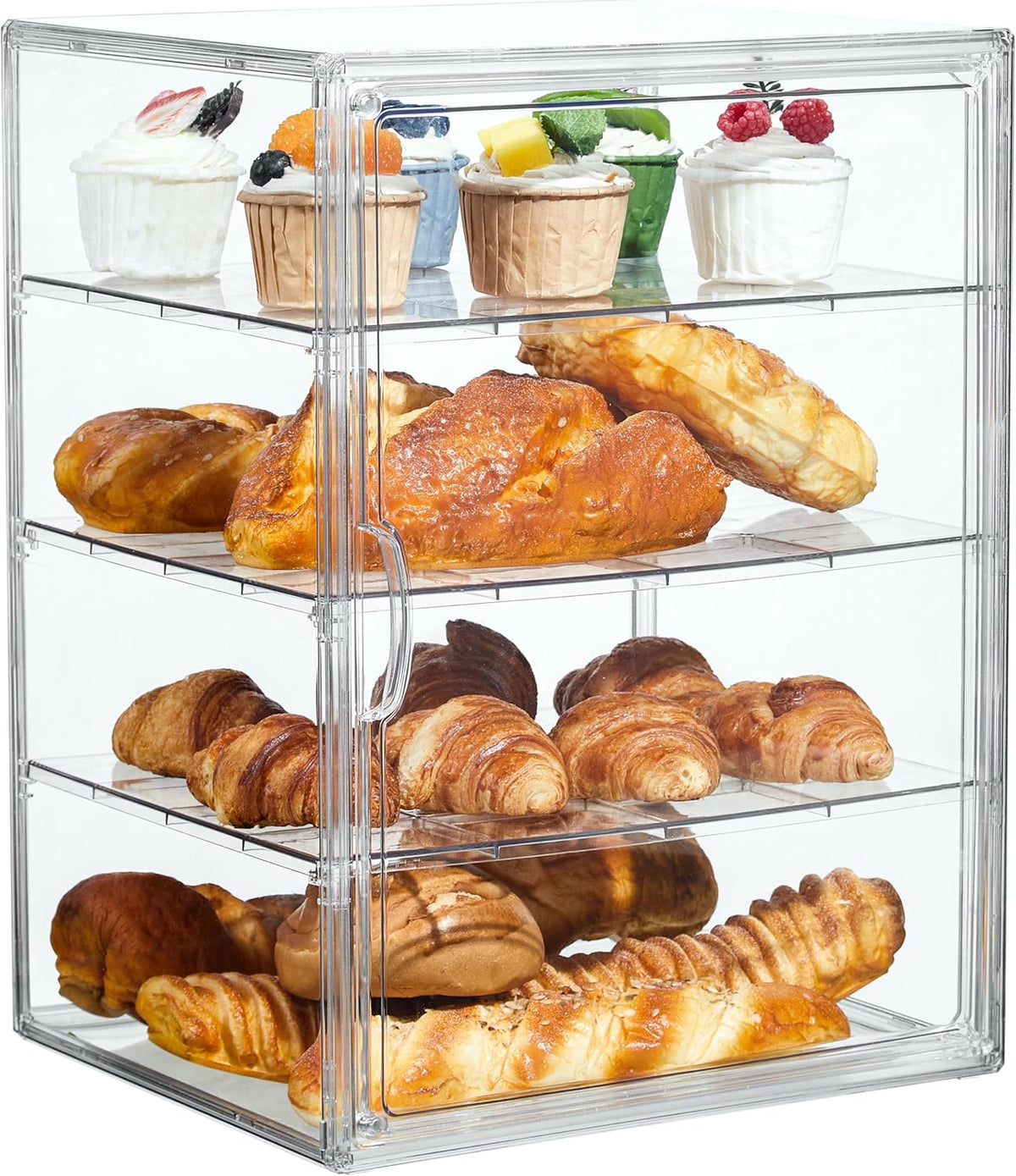 SANKEU Pastry Display Case,Bread Box for Kitchen Countertop,4 Layers Adjustable Clear Bread Storage with Magnetic Door Bakery Pastry Display15.5x11.4x9.8inch，1 Pack