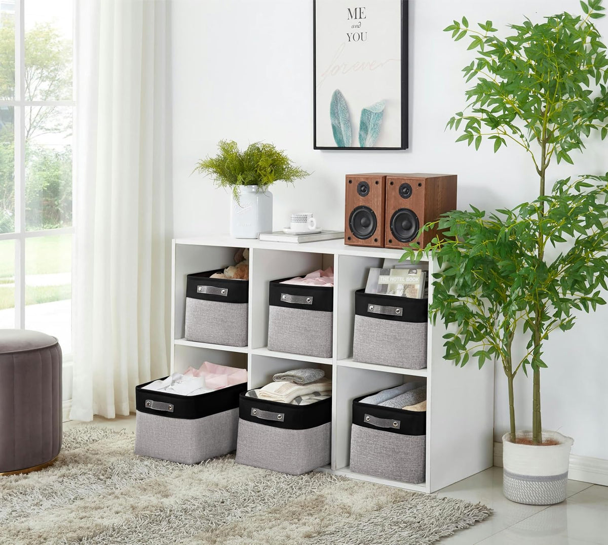 DECOMOMO Storage Bins, Large Fabric Storage Baskets for Shelves, Decorative Linen Closet Organizer, 15 x 11 x 9.5 inches (Beige & White, 3 Pack)