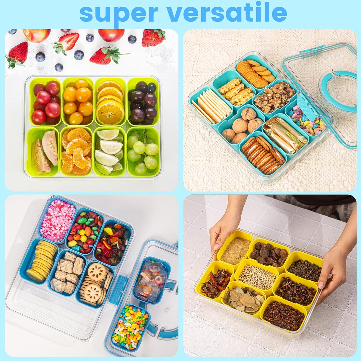 Dingerjar Divided Serving Tray with Lid and Handle - Snackle Box Charcuterie Container for Portable Snack Platters - Clear Organizer for Candy, Fruits, Nuts, Snacks - Perfect for Party, Entertaining