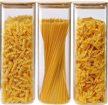 HomArtist Square Glass Jars with Bamboo Lids [Muti Size Set of 5], Glass Canisters with Airtight Lids, Glass Food Storage Containers for Pasta, Cereal, Flour, Sugar, Best for Kitchen & Pantry
