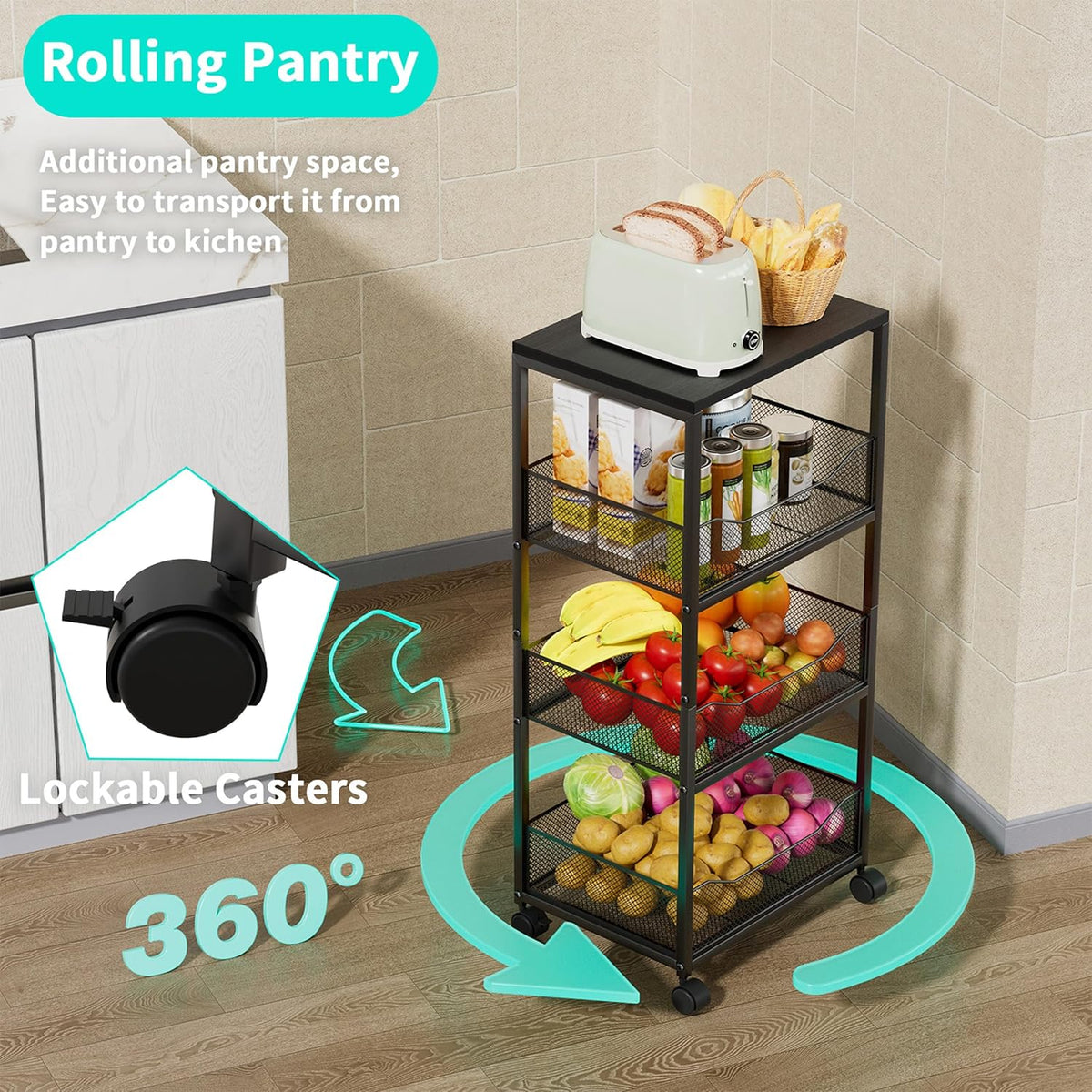 HapiRm Fruit Basket Kitchen Cart - 4-Tier Rolling Storage Cart with Wheels, Fruit Vegetable Basket with Wood Top, Pantry Utility Kitchen Organizer for Fruit Potato Onion Vegetable Bread Snack