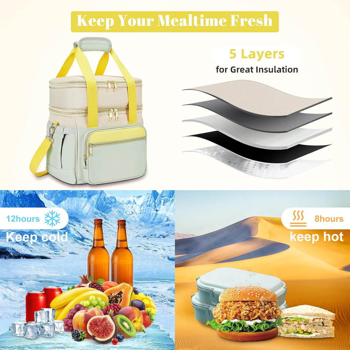 holuxer Lunch Bag & Lunch Box for Men Women - Large Double Deck Soft