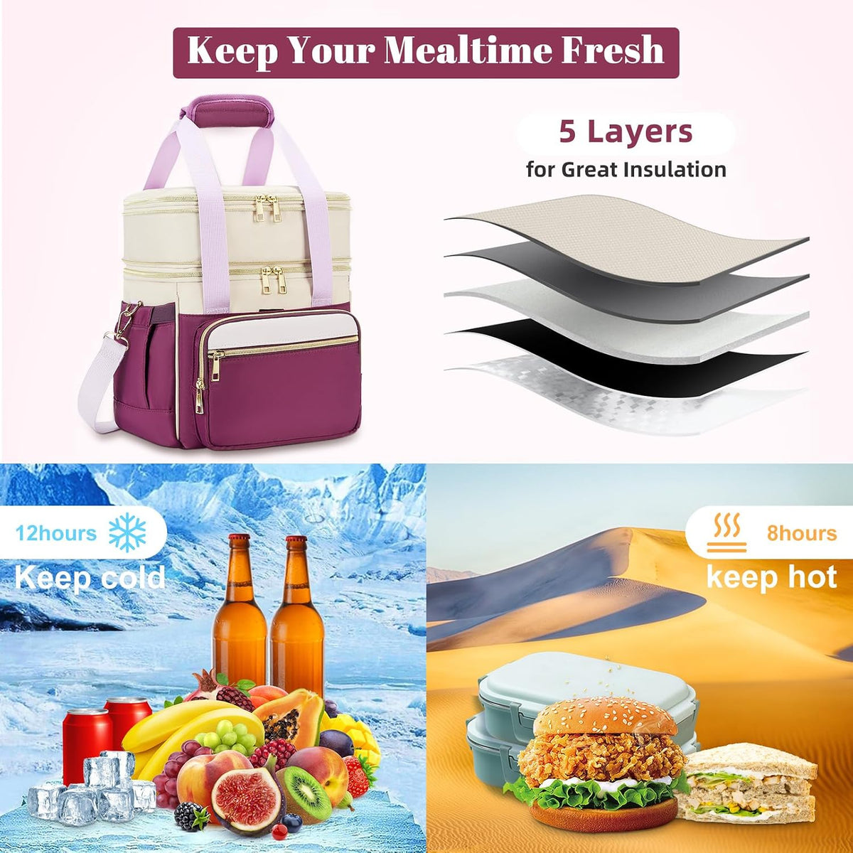 holuxer Lunch Bag & Lunch Box for Men Women - Large Double Deck Soft
