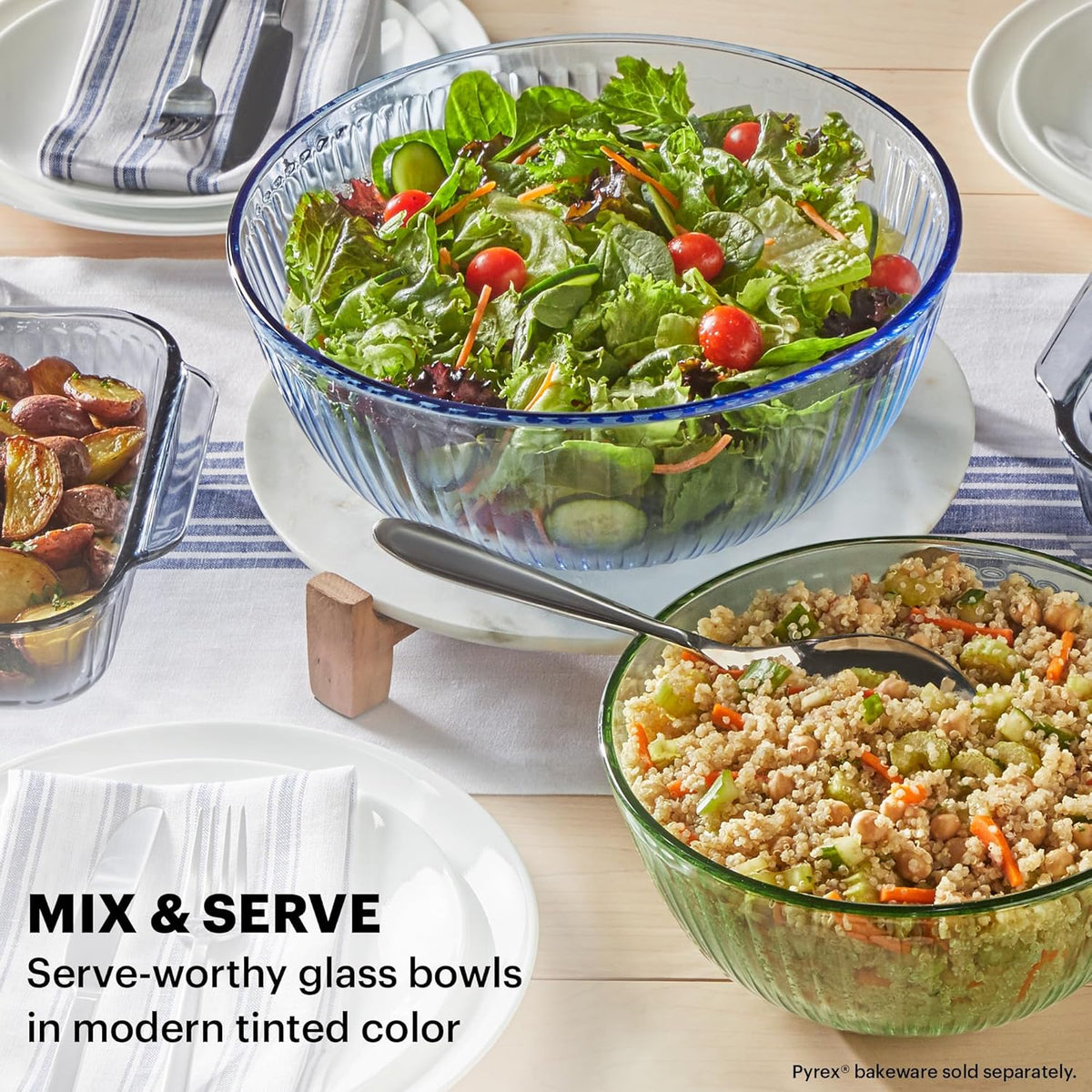 Pyrex Colors Tinted (Full Set) Sculpted Tinted Glass Mixing Bowls With Plastic Lids, Nesting Space Saving Set of Bowls For Prepping and Baking, 1.3QT, 2.3QT & 4.5QT
