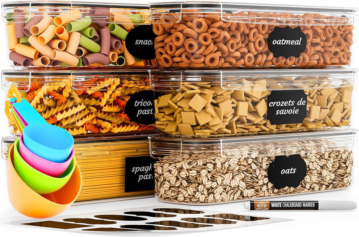 Chef's Path Airtight Food Storage Containers with Lids (Set of 4/3.6 Liters Each), Plastic Spaghetti Container for Pasta & Dry Food Storage, BPA Free Pantry Organizer Set with Kitchen Accessories