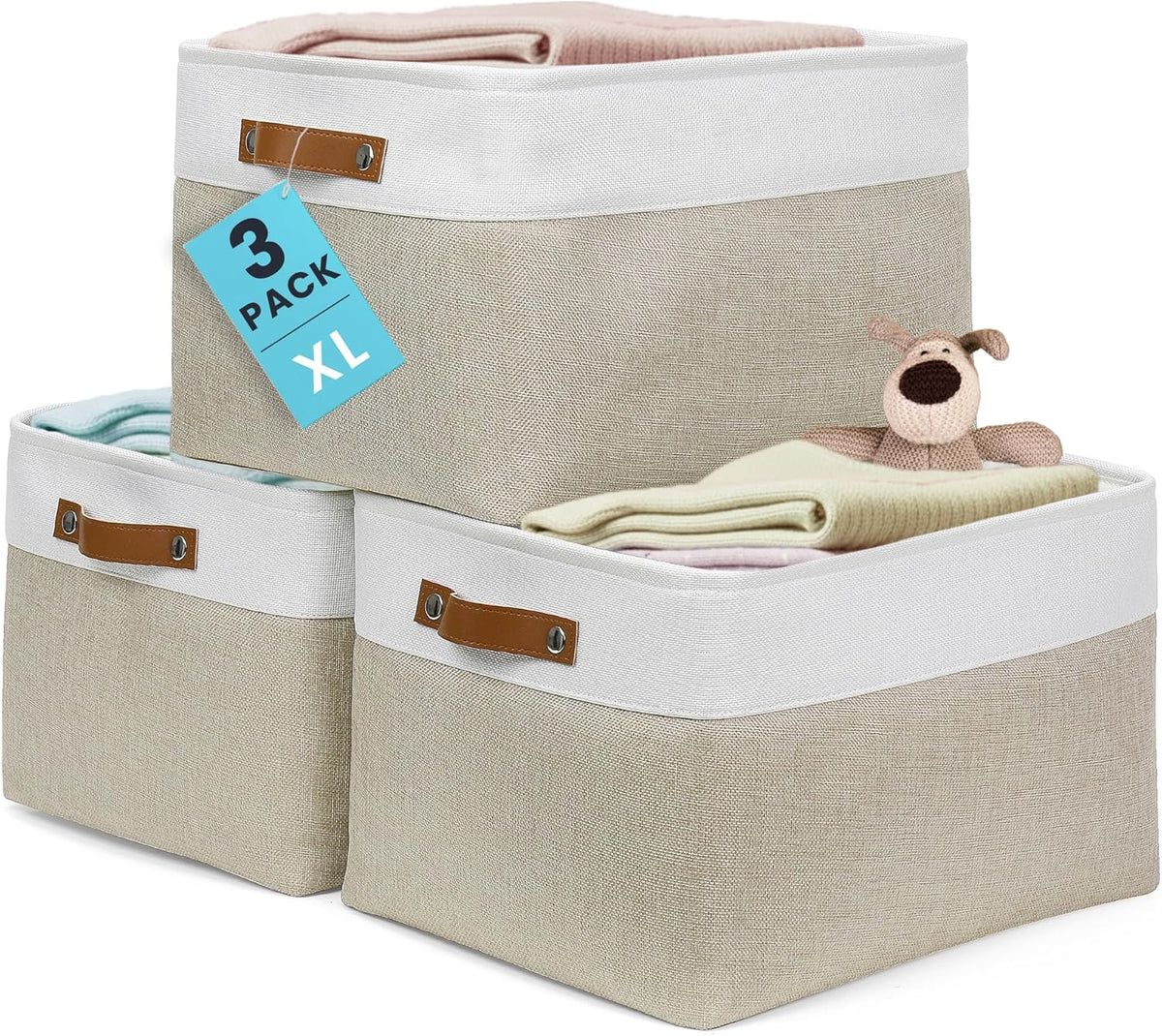 OrganiHaus 12x8in Canvas Storage Baskets 3 Pack | SMALL Fabric Bins for Shelves | Pantry & Bathroom Organizer | Beige/Off-White
