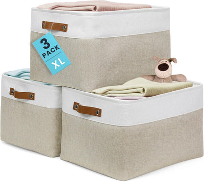 OrganiHaus 12x8in Canvas Storage Baskets 3 Pack | SMALL Fabric Bins for Shelves | Pantry & Bathroom Organizer | Beige/Off-White