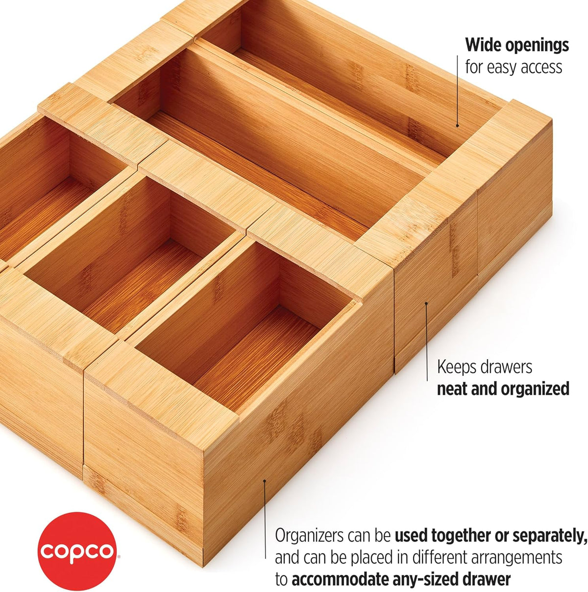 Copco In Drawer or Mounted 4 Compartment Organizer for Plastic, Foil, Wax and Parchment Paper featuring Easy Slide Tabs for Perfect Cut, With 21 Customizable Labels, Bamboo, 13.3 x 11 x 3 Inch