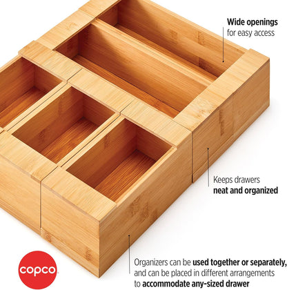 Copco In Drawer or Mounted 4 Compartment Organizer for Plastic, Foil, Wax and Parchment Paper featuring Easy Slide Tabs for Perfect Cut, With 21 Customizable Labels, Bamboo, 13.3 x 11 x 3 Inch