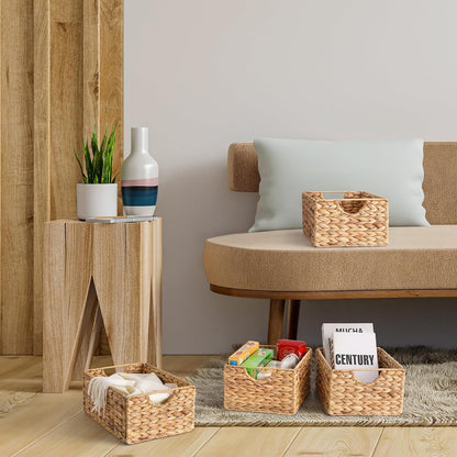 Water Hyacinth Pantry Baskets Set of 4, 12.5 x 9.5 x 6in Hanging Wicker Storage Baskets for Shelves, Pantry Baskets, Bathroom Shelves Storage Basket