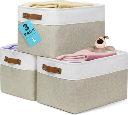 OrganiHaus 12x8in Canvas Storage Baskets 3 Pack | SMALL Fabric Bins for Shelves | Pantry & Bathroom Organizer | Beige/Off-White