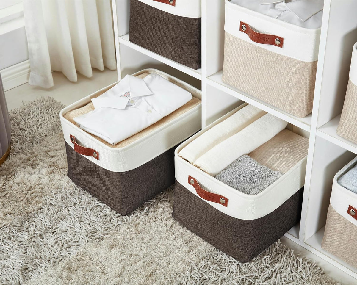 DECOMOMO Storage Bins, Large Fabric Storage Baskets for Shelves, Decorative Linen Closet Organizer, 15 x 11 x 9.5 inches (Beige & White, 3 Pack)