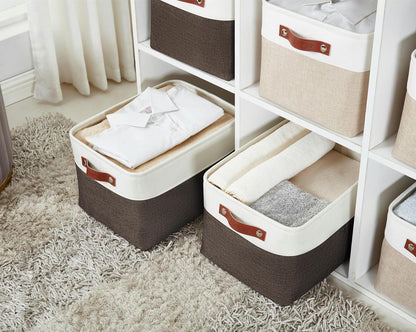 DECOMOMO Storage Bins, Large Fabric Storage Baskets for Shelves, Decorative Linen Closet Organizer, 15 x 11 x 9.5 inches (Beige & White, 3 Pack)
