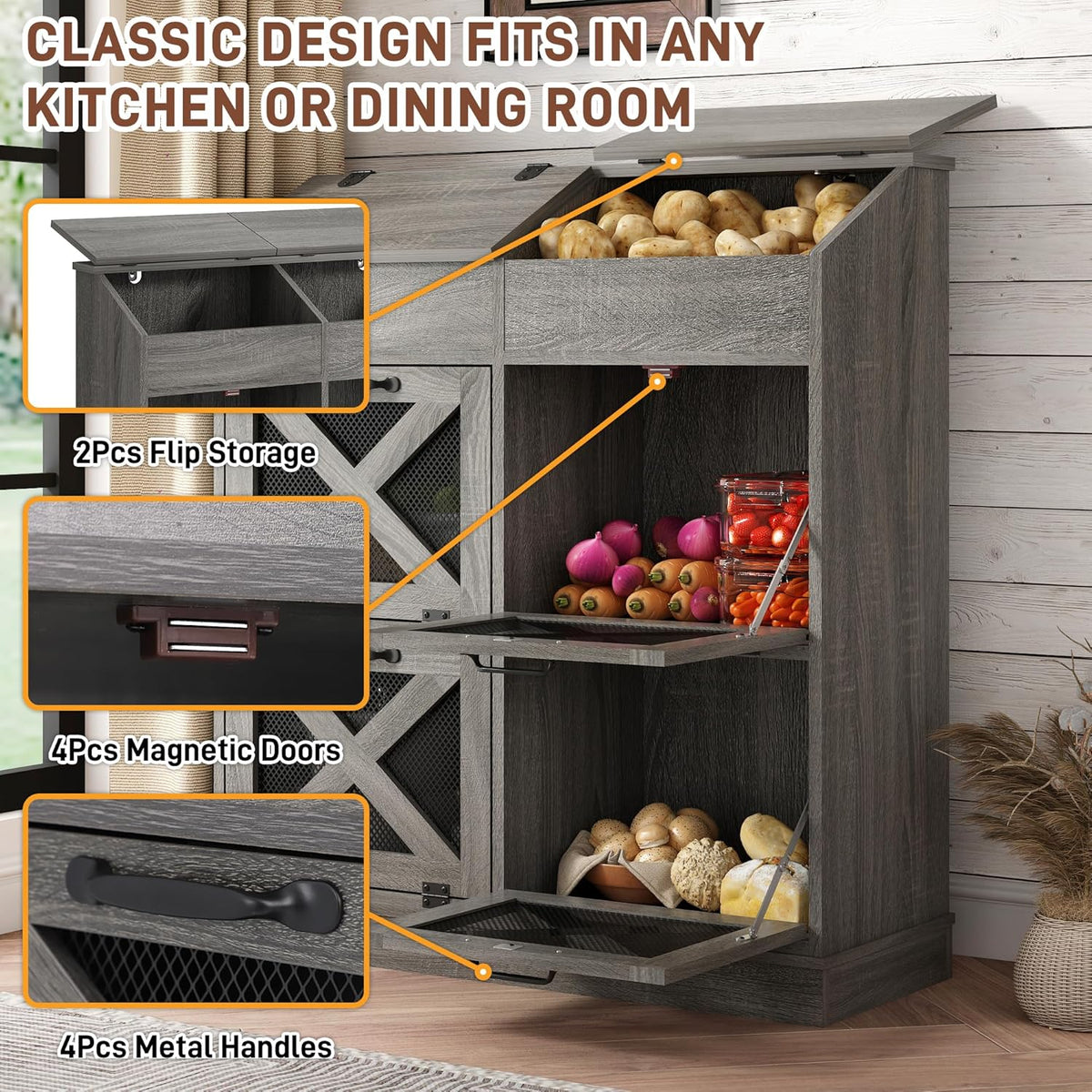 Potato And Onion Storage Bin with Lid,Veggie Bin W/6 Large Storage Box.Root Vegetable Storage Box For Kitchen,Farmhouse Potato Storage Bin W/4 Mesh Doors,Bread Keeper for Toast,Bagel,Donut,Cookies