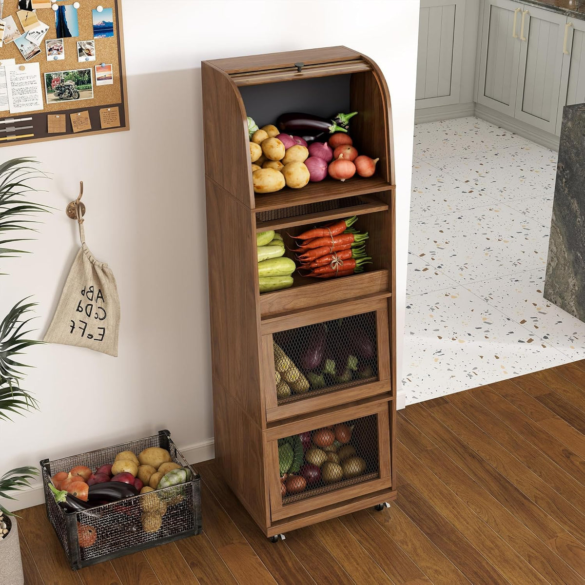 4 Tier Narrow Potato Storage Bin, Tall Wood Potato and Onion Storage Bin with Wheel, Movable Fruit and Vegetable Basket, Food Small Kitchen Pantry Cabinet, Wooden Bread Box, Walnut, Sliding Door