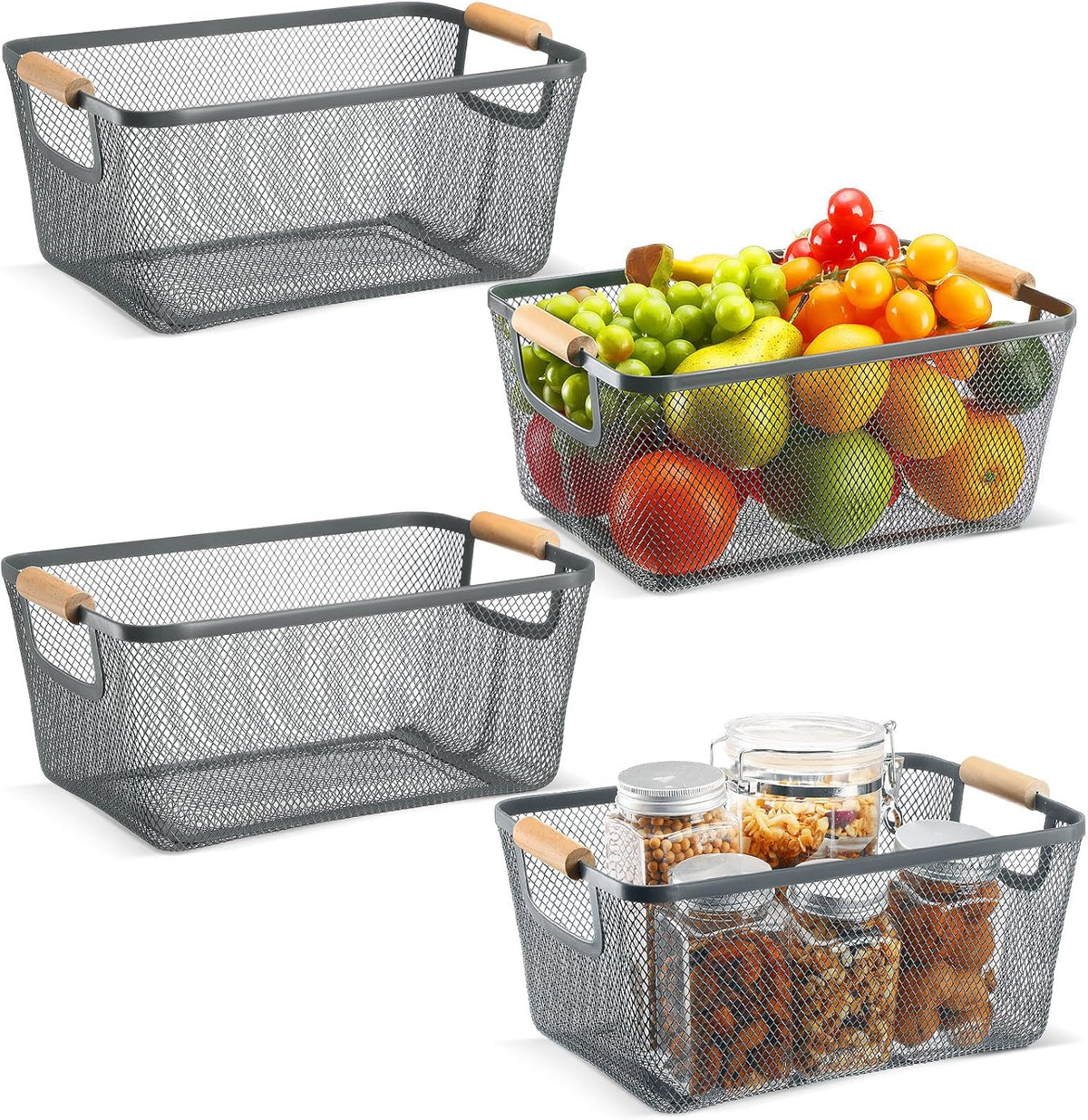 Ziliny 4 Pcs Metal Mesh Wire Baskets with Wooden Handles for Organizing, Pantry Organizers and Storage Steel Bin Kitchen Baskets for Fruit Potato Onion Snacks Bathroom Cabinet(Small,Black)