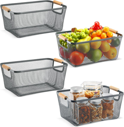 Ziliny 4 Pcs Metal Mesh Wire Baskets with Wooden Handles for Organizing, Pantry Organizers and Storage Steel Bin Kitchen Baskets for Fruit Potato Onion Snacks Bathroom Cabinet(Small,Black)