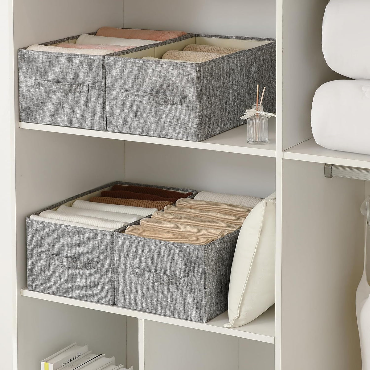 Linen Folding Storage Bins, 3 Pack Large Storage Baskets, Washable, Clothing Storage Bins with Handle, Closet Organizer for Storage Sweater,Sheets(Beige, 18½"x11 x8½)