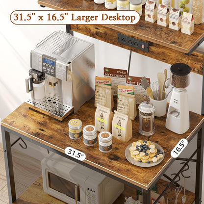 SUPERJARE Kitchen Bakers Rack with Power Outlet, Coffee Bar Table 4 Tiers, Kitchen Microwave Stand with 6 S-shaped Hooks, Storage Shelf Rack for Spices, Pots and Pans - Rustic Brown