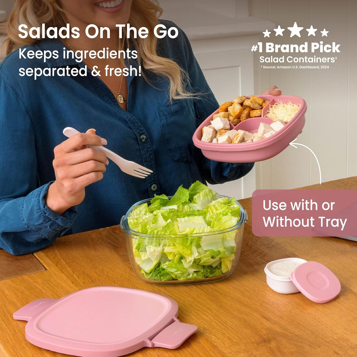 Bentgo Glass Prints Salad Container - 7.6-Cup Tinted Glass Salad Bowl with Airtight Lid, Leak-Proof Sauce Container, 4-Compartment Bento Meal Prep Tray & Reusable Fork (Floral Maximalist - Sea)