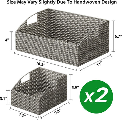 Rattan Storage Baskets, Handwoven Wicker Storage Bins with Built-in Handles, Storage Container Baskets for Shelves, Bedroom, Bathroom, Laundry Room or Kitchen(Natural)