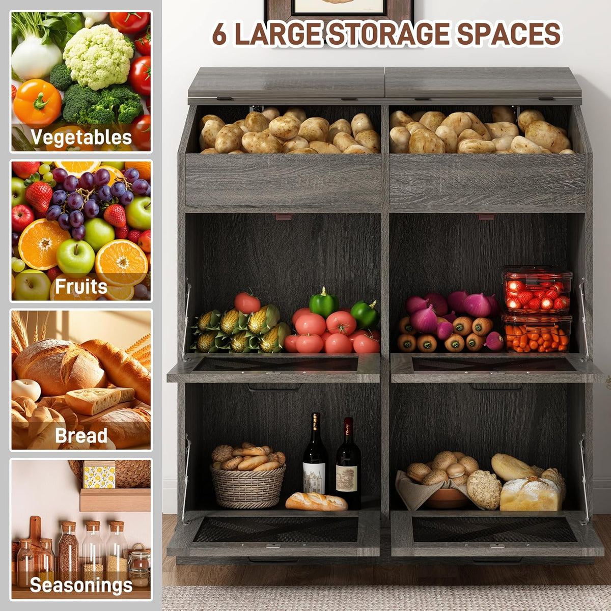 Potato And Onion Storage Bin with Lid,Veggie Bin W/6 Large Storage Box.Root Vegetable Storage Box For Kitchen,Farmhouse Potato Storage Bin W/4 Mesh Doors,Bread Keeper for Toast,Bagel,Donut,Cookies