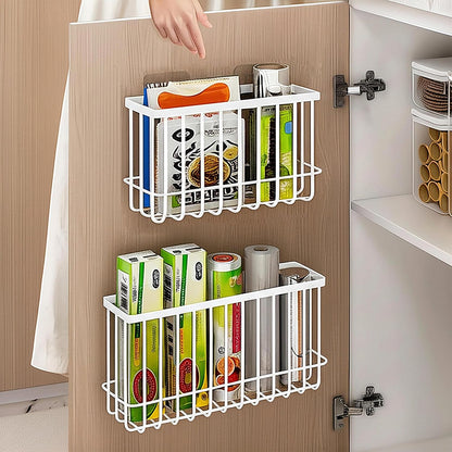 Cabinet Door Organizer Basket 2 Pack, Foil and Plastic Wrap Organizer with 2 Sponges, Lid Organizers Inside Cabinet, Metal Basket for Kitchen Organizers and Storage, Utility, Black (Medium,Large)