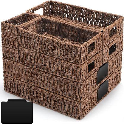 Marsui 9 Pcs Wicker Storage Baskets for Pantry Organization with Handle Labels Handwoven Multi-size Dark Brown Small Organizer Baskets Storage Bin Container for Shelves Closet Toilet Christmas Holiday