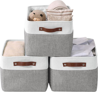 DECOMOMO Storage Bins, Large Fabric Storage Baskets for Shelves, Decorative Linen Closet Organizer, 15 x 11 x 9.5 inches (Beige & White, 3 Pack)