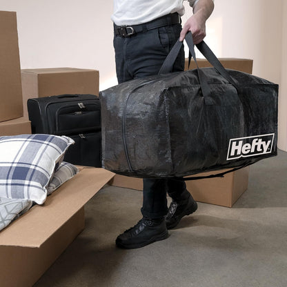 Hefty Storage Bags Extra Large Double Zipper Backpack, Heavy Duty Water Resistant Moving Totes with Shoulder Straps, Foldable Reusable Packing Organizers, 2 Pack (X-Large Black)
