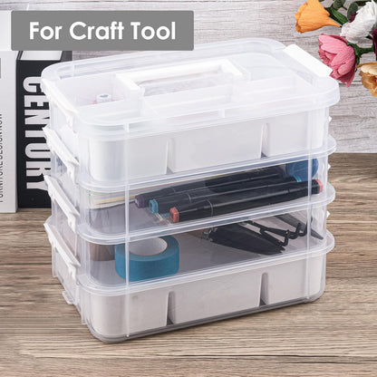 CraftGenes Grey&White Modern Plastic Storage Box - 4-Layer Durable Craft Storage Containers with 2 Removable Trays for Arts & Crafts Supplies, Sewing, Office, Seasonal Decor