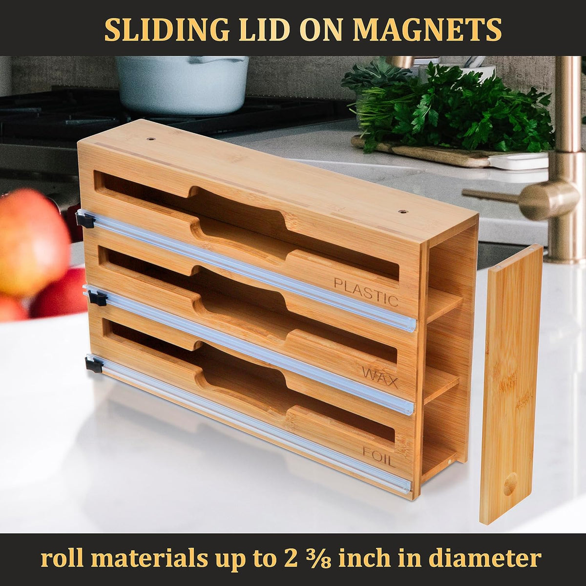 3 in 1 Wrap Organizer with Cutter and Labels, Plastic Wrap, Aluminum Foil and Wax Bamboo Dispenser for Kitchen Storage Organization Holder for 12" Roll (Natural)