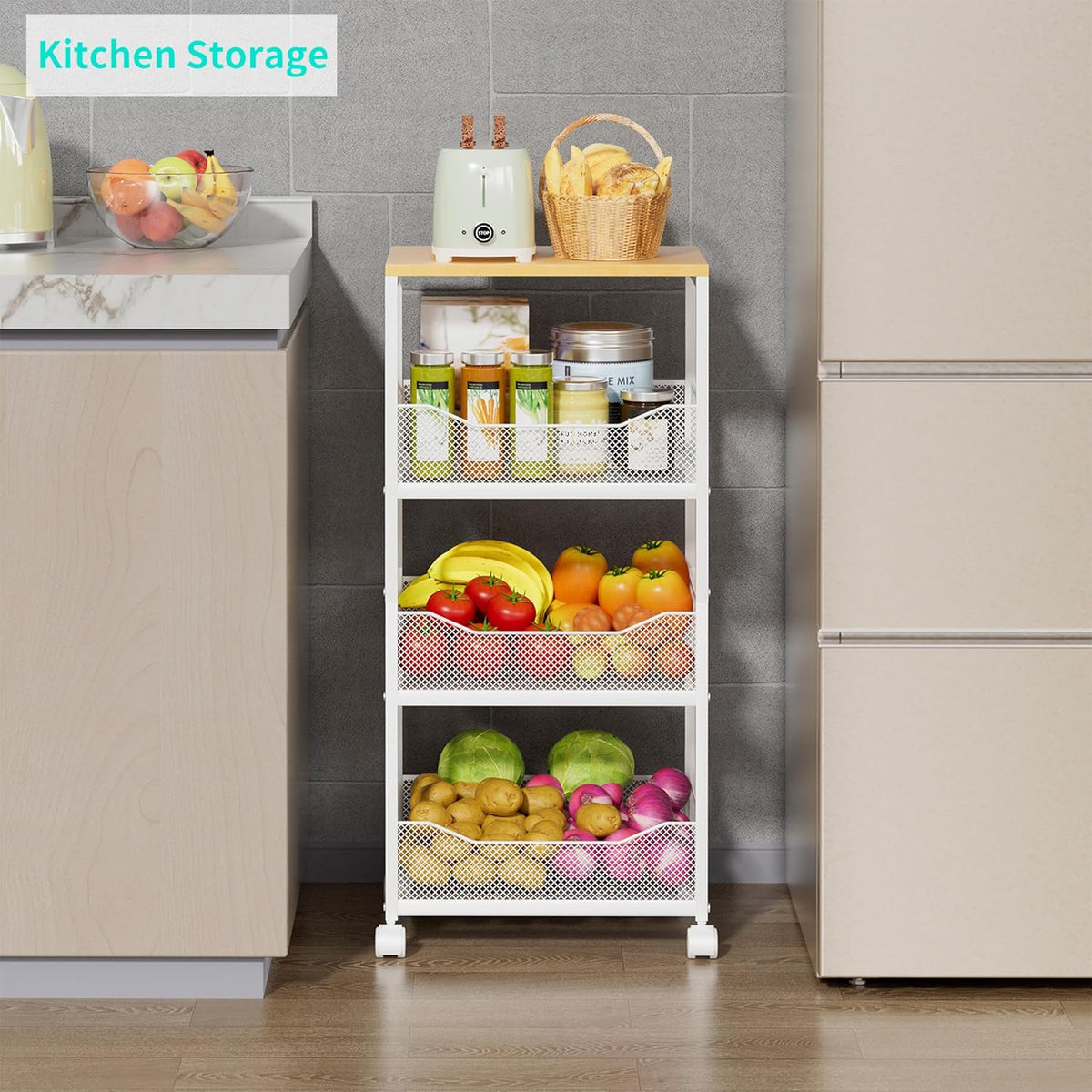 HapiRm Fruit Basket Kitchen Cart - 4-Tier Rolling Storage Cart with Wheels, Fruit Vegetable Basket with Wood Top, Pantry Utility Kitchen Organizer for Fruit Potato Onion Vegetable Bread Snack