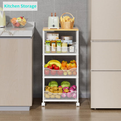 HapiRm Fruit Basket Kitchen Cart - 4-Tier Rolling Storage Cart with Wheels, Fruit Vegetable Basket with Wood Top, Pantry Utility Kitchen Organizer for Fruit Potato Onion Vegetable Bread Snack