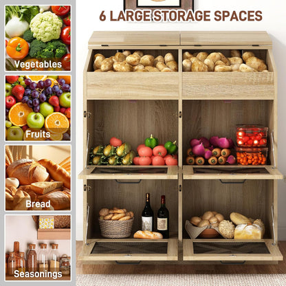 Potato And Onion Storage Bin with Lid,Veggie Bin W/6 Large Storage Box.Root Vegetable Storage Box For Kitchen,Farmhouse Potato Storage Bin W/4 Mesh Doors,Bread Keeper for Toast,Bagel,Donut,Cookies