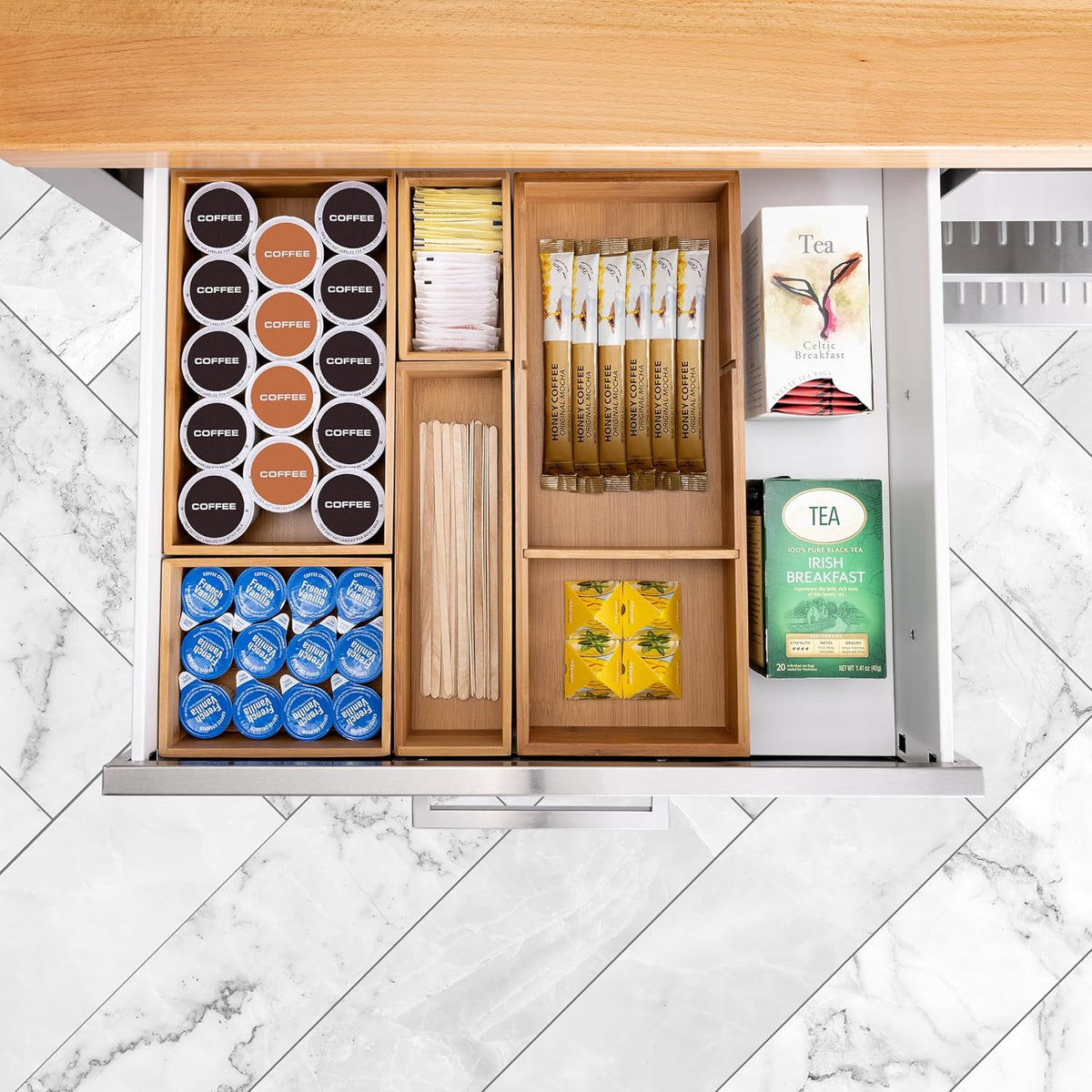 Seville Classics Bamboo Premium Organizer Storage Bins for Kitchen Silverware, Pantry, Closet, Office Desk, Pens, Utensils, Makeup, K Cup, Bamboo, Bag Holder Bin Set