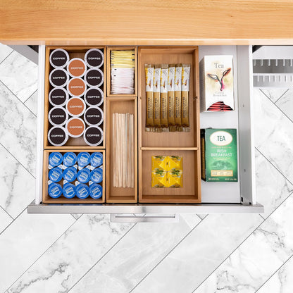 Seville Classics Bamboo Premium Organizer Storage Bins for Kitchen Silverware, Pantry, Closet, Office Desk, Pens, Utensils, Makeup, K Cup, Bamboo, Bag Holder Bin Set