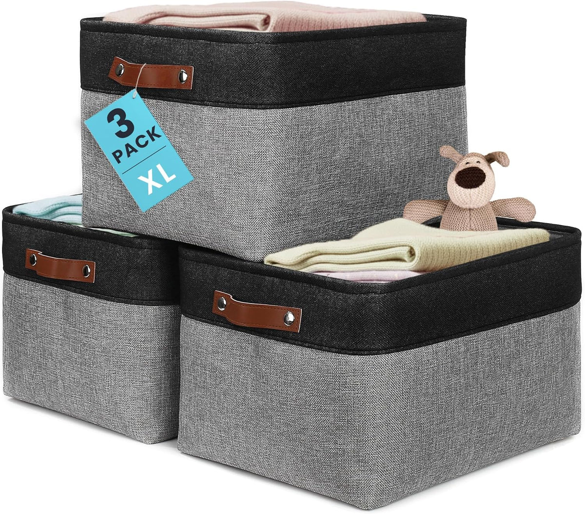 OrganiHaus 12x8in Canvas Storage Baskets 3 Pack | SMALL Fabric Bins for Shelves | Pantry & Bathroom Organizer | Beige/Off-White