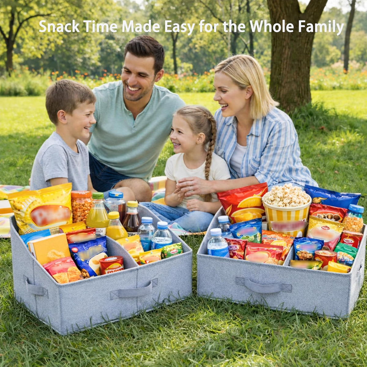 3 Pack Snack Organizer for Countertop, Larger Compartments Hold More, Fabric Snack Organizer Bins with Handles, Sturdy Reinforced Design for Pantry, Cabinet, Living Room & Game Room