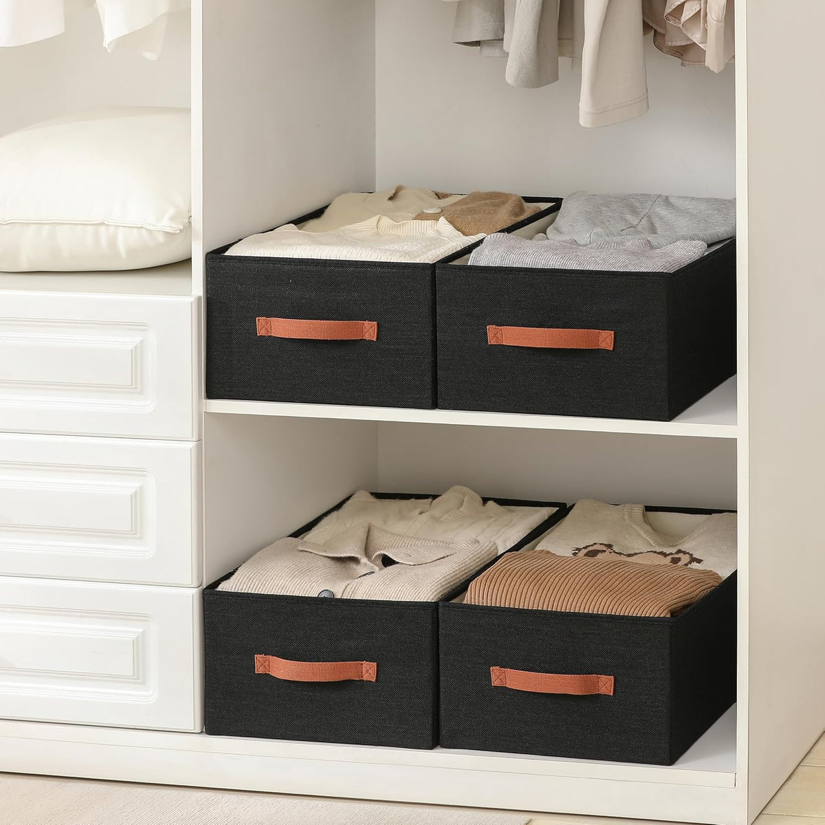 Linen Folding Storage Bins, 3 Pack Large Storage Baskets, Washable, Clothing Storage Bins with Handle, Closet Organizer for Storage Sweater,Sheets(Beige, 18½"x11 x8½)