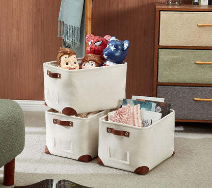 DECOMOMO Storage Bins, Large Fabric Storage Baskets for Shelves, Decorative Linen Closet Organizer, 15 x 11 x 9.5 inches (Beige & White, 3 Pack)