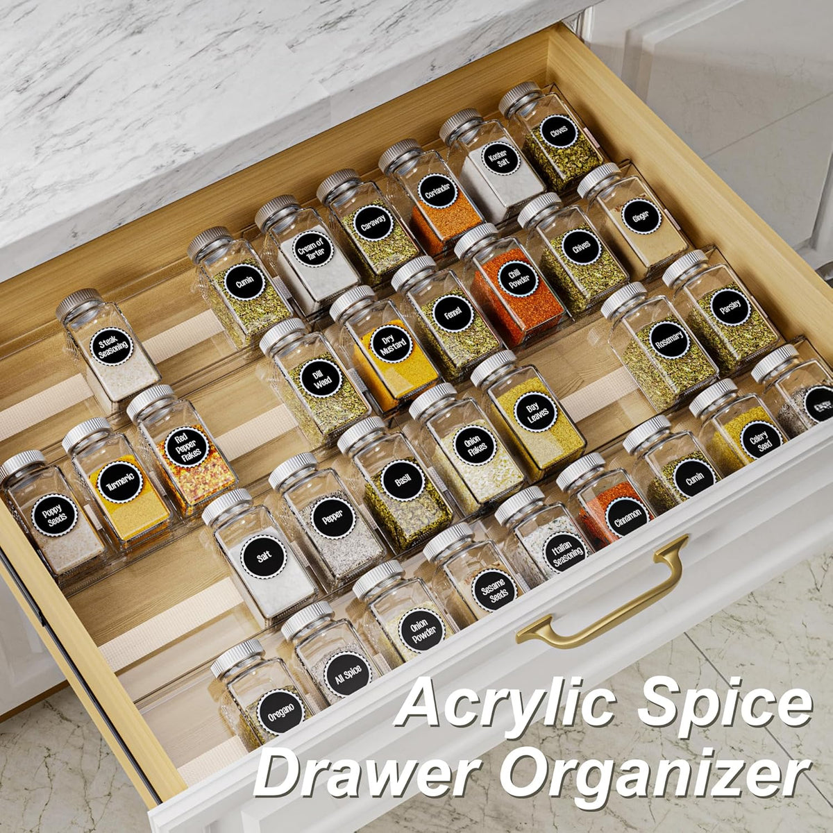 MIUKAA Acrylic Spice Drawer Organizer, 4 Tier - Seasoning Organizer for Drawer, Expandable From 13" to 26" Kitchen Drawer Spice Rack with Slip-Proof Mat (Jars not Included)