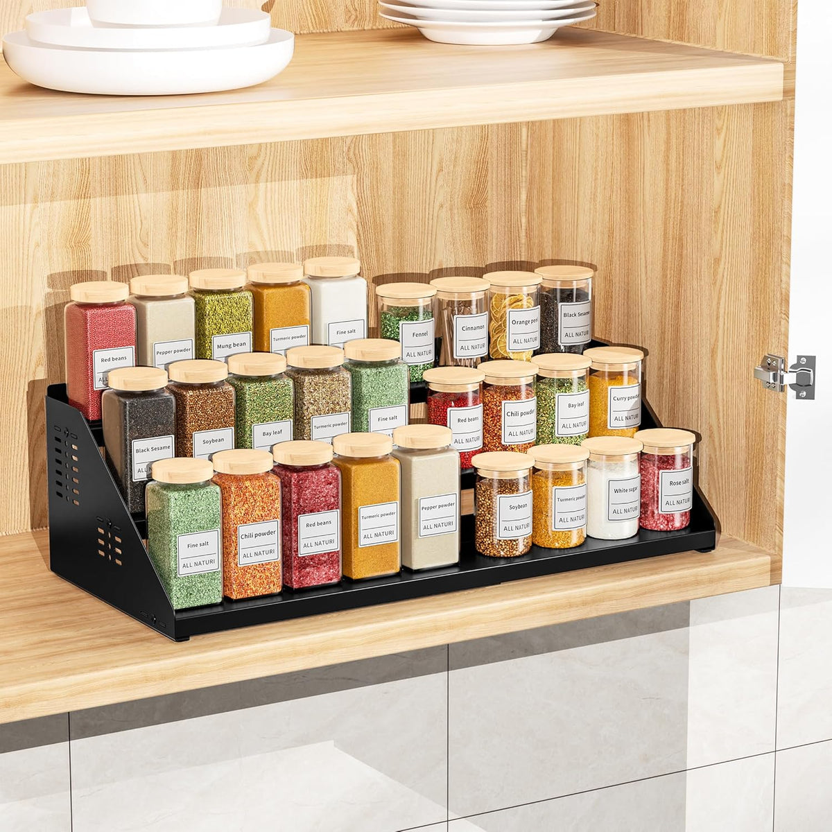 BOIVSHI Spice Rack, Spice Organization for Cabinet - Expandable Width, 3 Tiered Spice Rack Organizer for Cabinet - Adjustable Height, Seasoning Organizer for Cabinet, Countertop, Pantry, White