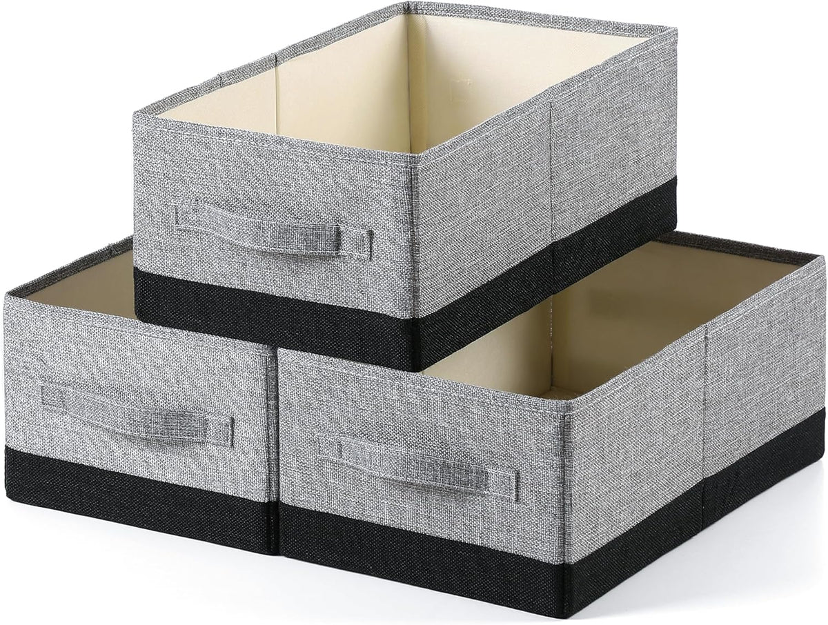 Linen Folding Storage Bins, 3 Pack Large Storage Baskets, Washable, Clothing Storage Bins with Handle, Closet Organizer for Storage Sweater,Sheets(Beige, 18½"x11 x8½)