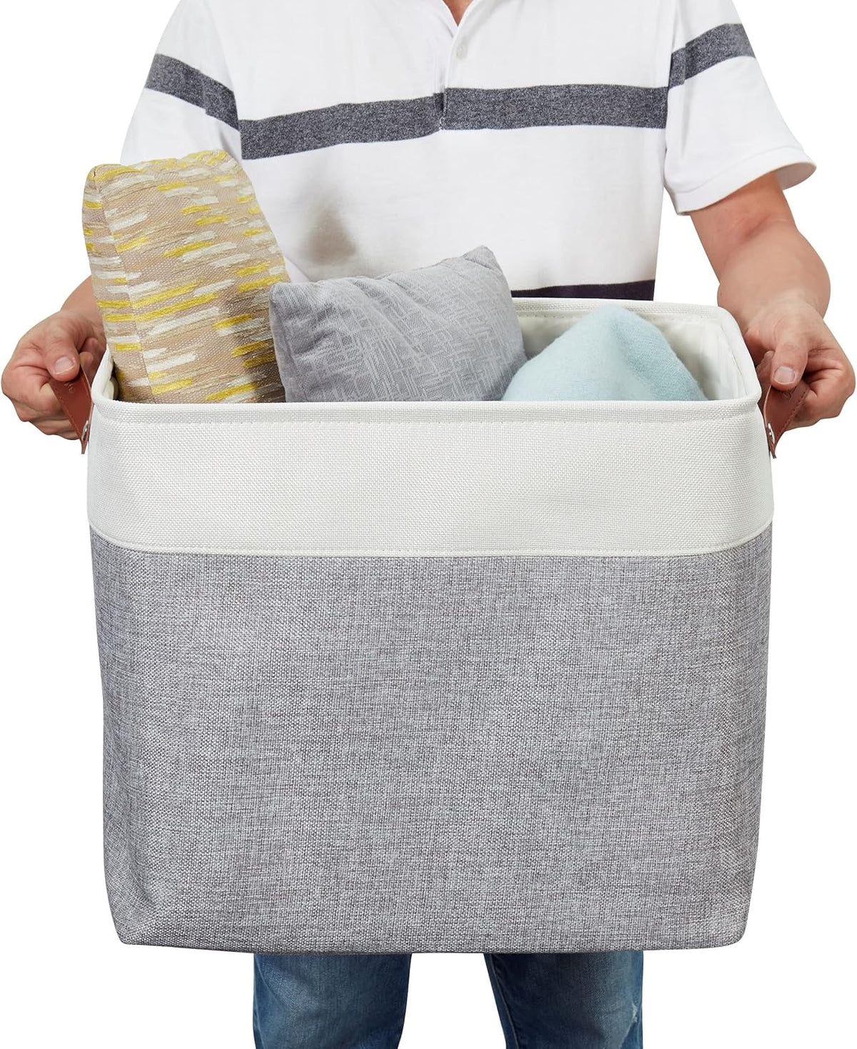 DECOMOMO Storage Bins, Large Fabric Storage Baskets for Shelves, Decorative Linen Closet Organizer, 15 x 11 x 9.5 inches (Beige & White, 3 Pack)