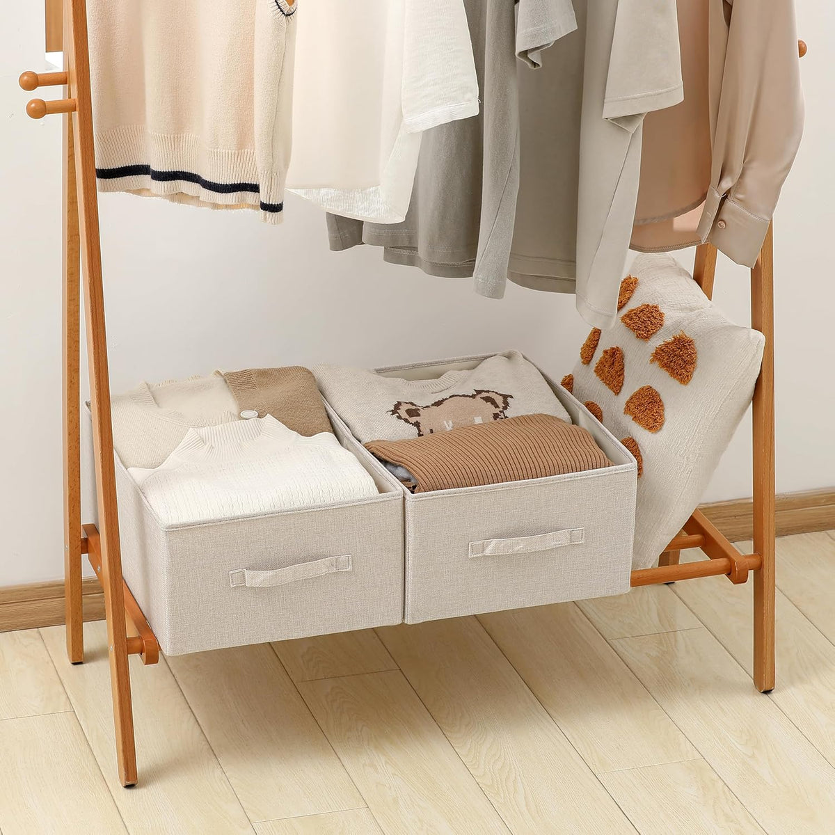 Linen Folding Storage Bins, 3 Pack Large Storage Baskets, Washable, Clothing Storage Bins with Handle, Closet Organizer for Storage Sweater,Sheets(Beige, 18½"x11 x8½)