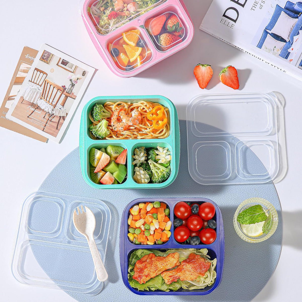 TOUWMX Bento Box For Kids, 4 Pack 3 Compartments Meal Prep Containers Reusable Lunch Containers, Food Storage Containers With Lids, Stackable Snack Boxes for School, Work, and Travel