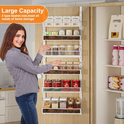 8 Tier Pantry Door Organizer Spice Rack, 2-IN-1 Wall Mount or Hanging Over Door Seasoning Organizer with Adjustable Baskets, Heavy Duty Behind Door Storage Shelves for Pantry, Cabinet and Kitchen